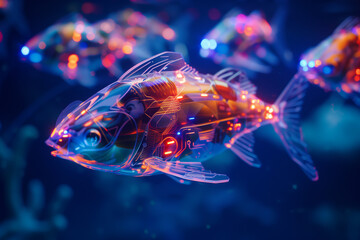 Futuristic fish robots controlled by AI intelligence in nature underwater