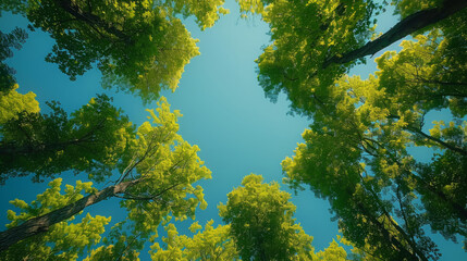 Obraz premium Lush green trees against blue sky in forest setting seen from below