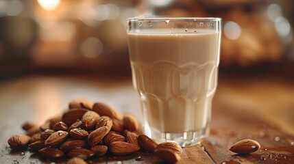Almond milk in a glass placed beside a pile of whole almonds. - obrazy, fototapety, plakaty