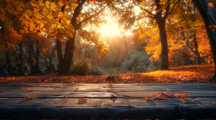 Empty wooden table on the background of autumn garden.