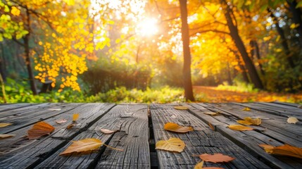 Naklejka na ściany i meble Empty wooden table on the background of autumn garden.