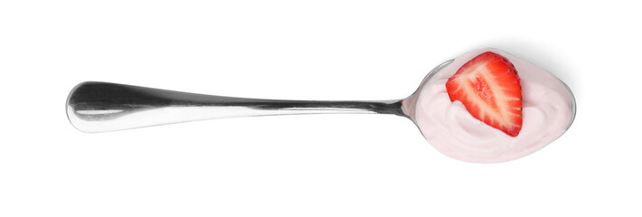 Delicious natural yogurt with fresh strawberry in spoon isolated on white, top view