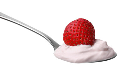 Delicious natural yogurt with fresh strawberry in spoon isolated on white