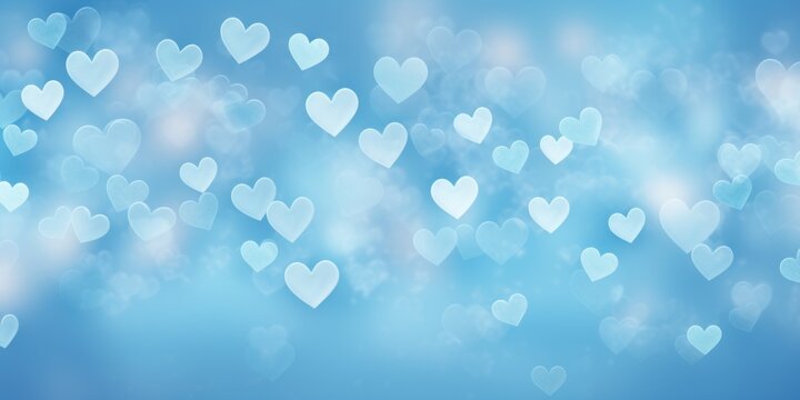 Light sky blue background with white hearts, Valentine's Day banner with space for copy, sky blue gradient, softly focused edges, blurred