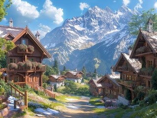 Fototapeta na wymiar A mountain village with houses and a road in the foreground. The houses are wooden and have balconies. The road is surrounded by trees and the mountains in the background. The scene is peaceful