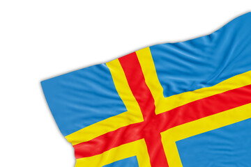 Realistic Aland flag with folds, on transparent background. Footer, corner design element. Perfect for patriotic themes or national event promotions. Empty, copy space. 3D render.