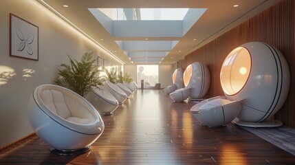 Modern futuristic spa with egg-shaped pods in a luxurious setting