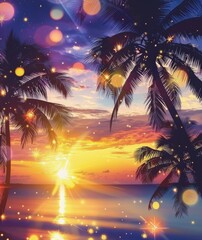 A Painting of a Sunset With Palm Trees