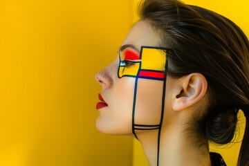 Artistic portrait of a woman with Mondrian-inspired makeup against a yellow background