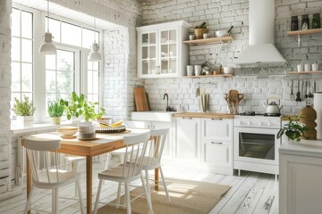 Bright and airy Scandinavian kitchen with white brick walls and modern amenities
