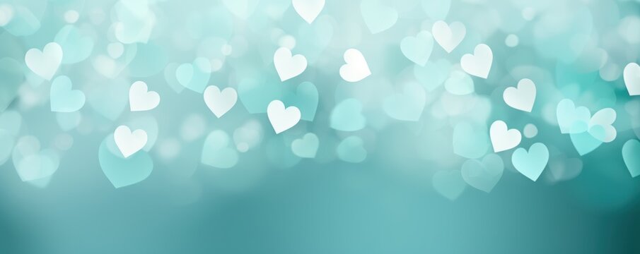 Light turquoise background with white hearts, Valentine's Day banner with space for copy, turquoise gradient, softly focused edges, blurred