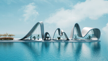 Futuristic wavy architecture on the ocean. 3D render of modern pavilion with blue sky and water. Conceptual design structure for leisure and travel theme. Wide angle view with place for text