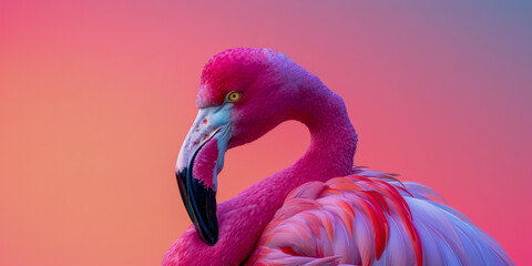 Vibrant Pink Flamingo Portrait Against Gradient Sunset Sky