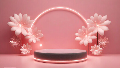 Circular pedestal, with a pink and relaxing background. Great for placing display items.
