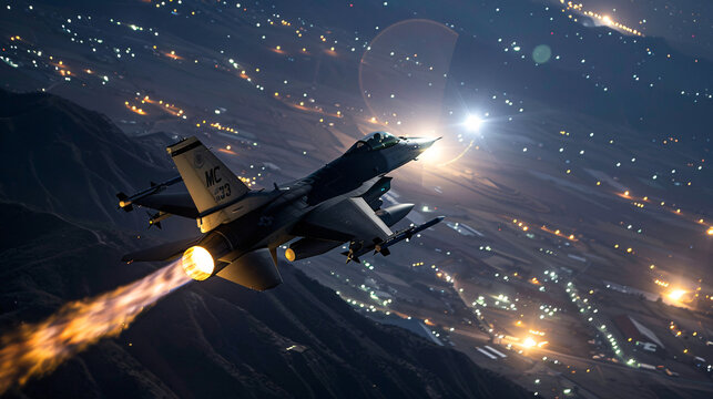 Formation of Fighter Jets in Aerial Maneuver
F-16 Fighter Jet Releasing Flares at Dusk
Military Aircraft in Combat Simulation at Sunset
