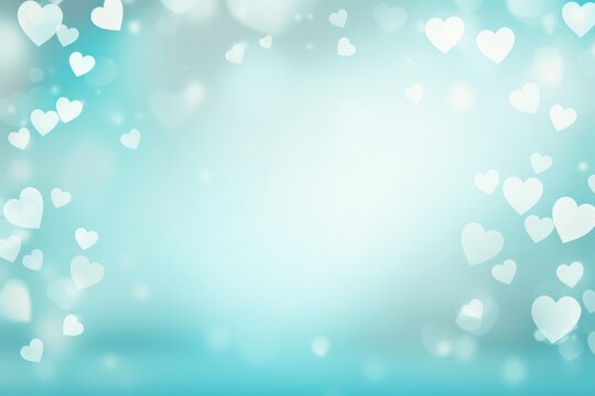 Light turquoise background with white hearts, Valentine's Day banner with space for copy, turquoise gradient, softly focused edges, blurred