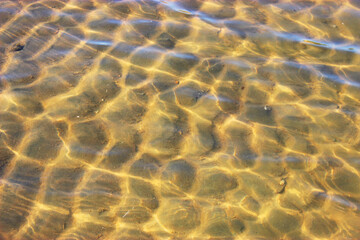 Close-up of a river bed with yellow sand, stones curling from the wave, in bright sunlight with beautiful highlights on the water. Texture of river sand. Texture with seashells and pebbles on the wet 