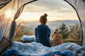 Young woman sitting in a tent with a sleeping bag and dog watching the view of a valley at sunset. Vibrant color photography. Wide angle lens. Beautiful The photo was taken from behind the girl's head