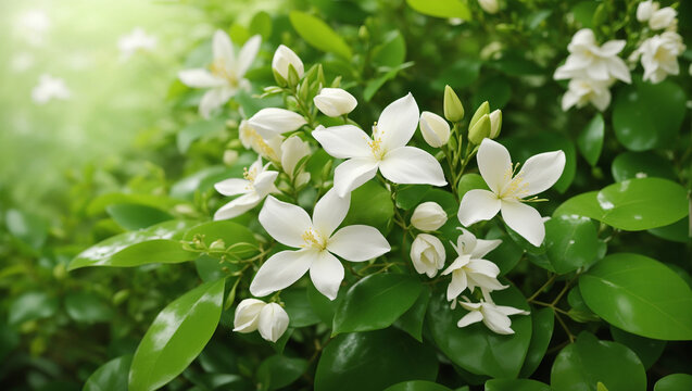 A photo of white flowers and green leaves