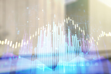 Abstract virtual financial graph hologram on blurry modern office building background, forex and...