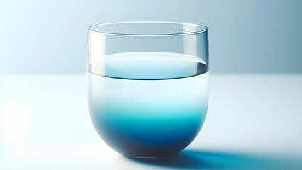 A glass cup containing a gradient mixture of transparent glowing blue liquid on an abstract white background