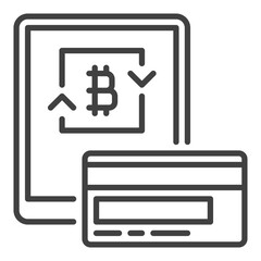 Tablet with Bitcoin and Credit Card vector Cryptocurrency Money icon or sign in outline style