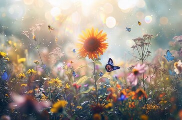 Fototapeta na wymiar Fluttering Butterflies in a Field of Flowers