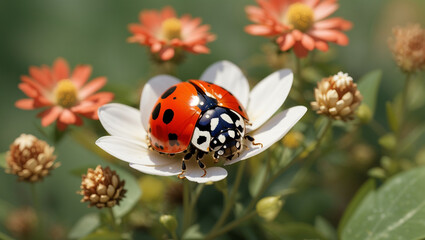 A red ladybug is sitting on a white flower