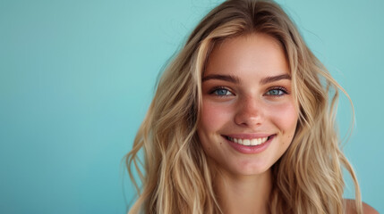 Naklejka premium Blonde woman showcasing hair care products in a salon setting.