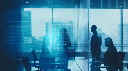 Office environment where professionals are engaged in a risk assessment meeting, implementing compliance and governance standards for data protection 