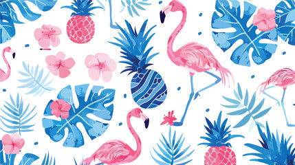 Lovely blue digital patter with flamingos and pink
