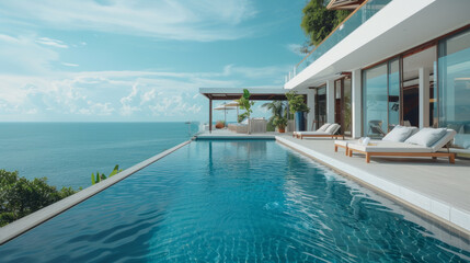 This luxurious beachfront hotel offers stunning sea views, modern white decor, a swimming pool, sunbeds on the sundeck, perfect for a relaxing vacation or a luxurious hotel stay.