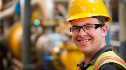 A happy male worker wearing a yellow hard hat and safety glasses in an industrial environment.