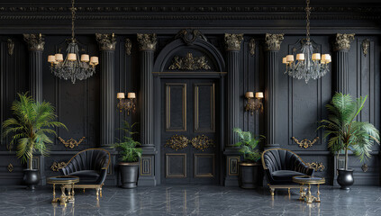 Black wood paneling, door with gold accents, classical interior design, marble floor, indoor plants. Created with Ai