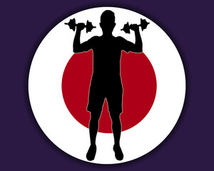 Athlete with dumbbells front of Japan flag, bodybuilder silhouette vector