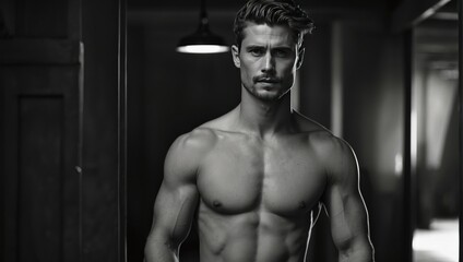 Fototapeta na wymiar Handsome man of athletic build without clothes up to his waist in black and white colors