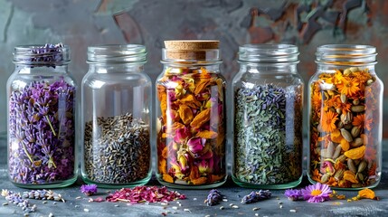 Harmony in Jars: A Symphony of Herbs for Tea. Concept Herbal Tea Blends, Aromatic Infusions, Tea Jar Decor, Tea Time Rituals, Healing Herbs - obrazy, fototapety, plakaty