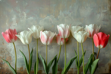A delicate arrangement of white and pink tulips stands against a rustic, textured background, evoking a sense of natural grace