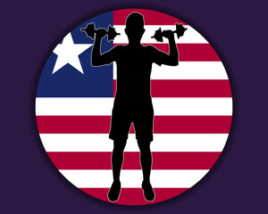 Athlete with dumbbells front of Liberia flag, bodybuilder silhouette vector