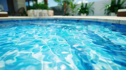 Close-up of bright blue rippled water in a sunny outdoor swimming pool.