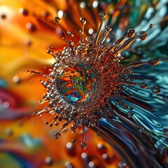 Ferrofluid in motion, creating fluid, spiky structures as it reacts to the influence of a magnetic field. The vibrant colors and kinetic energy evoke a sense of controlled chaos - obrazy, fototapety, plakaty