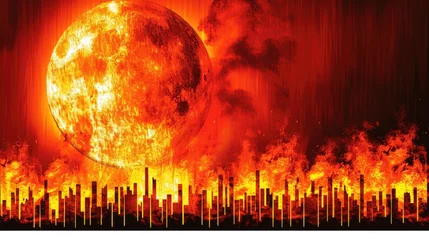 Fototapeten Planet earth with cities engulfed in roaring flames, creating a surreal and catastrophic scene of destruction and chaos © Eugenia
