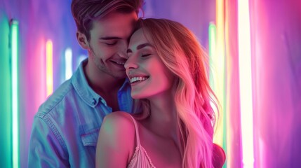 A young couple shares an intimate embrace, bathed in the colorful glow of neon lights, expressing love and affection.