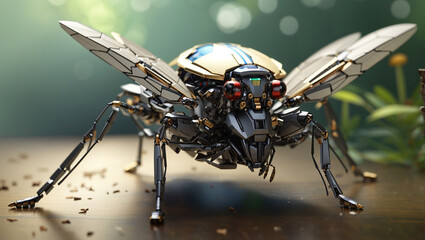A golden steampunk beetle with glowing red eyes