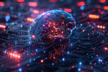 Glowing brain on a chip. Neuron technology, artificial intelligence concept