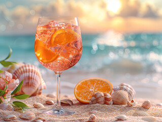 Summer coctail Aperol spritz in glass with oranges with water drops, on the sand with tropical sea and beach background, still life