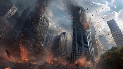 City skyline in disarray, with towering buildings crumbling and debris flying as colossal creatures, titans, monster cause a rampage. - obrazy, fototapety, plakaty