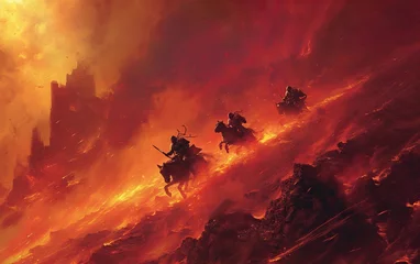 Foto auf Acrylglas Rouge 2 Group of adventurers races across the fantasy treacherous landscape of infernal war machines. 