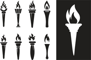 Set of traditional ancient Greek torch icons. Greece runner, Sport flame. Symbol of light and enlightenment. Editable vector burning stick, sports symbol icon, historical tradition icons. eps 10. - obrazy, fototapety, plakaty