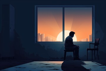sad lonely man sit in empty room illustration - obrazy, fototapety, plakaty